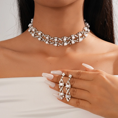 Elegante Collana Choker Floreale E Orecchini Pendenti Con Strass E Perla Artificial Sintetica Gioielli Di Lusso Da Banchetto Per Donna