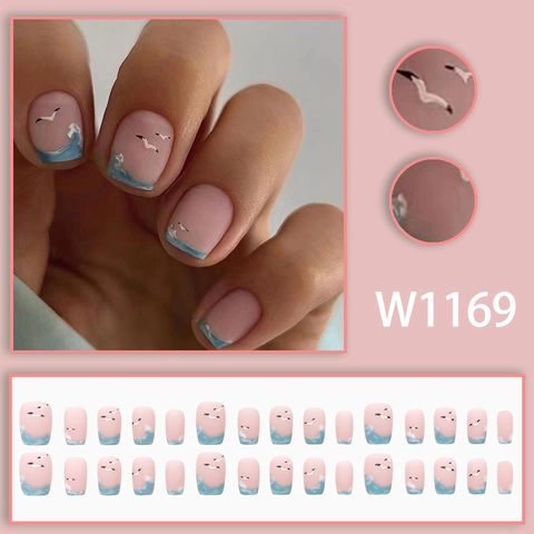 Unghie Finte A Pressione Opache Design Onda Oceano Gabbiano Rosa Blu Stile Estivo Unghie Artificiali Per Donne Elegante