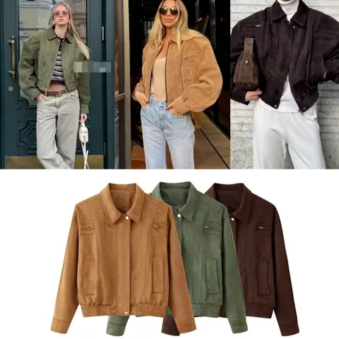 Chaqueta Corta De Ante Para Mujer Vintage Solapa Cremallera Abrigo Moto Casual Color Sólido Manga Larga Ropa Exterior