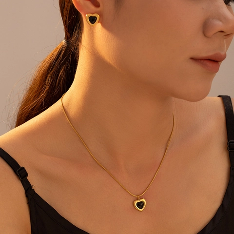 Heart Pendant Necklace And Stud Earrings Jewelry Stainless Steel Gold PVD Plated Black Acrylic Snake Chain Retro Women