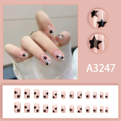 Press On Nails Nude Pink Short Square With Black Star Pattern And Silver Glitter Glossy Fashion For Women
