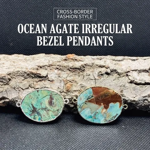 Natural Ocean Agate Pendant Connector Irregular Oval Double Loops Metal Edged For DIY Jewelry Making Necklaces Bracelets