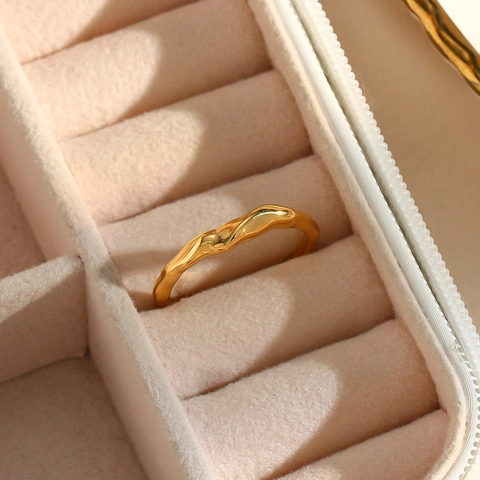 Unregelmäßiger Wellen Offener Ring Edelstahl Gold Minimalistisch Verstellbar Bambus Gelenk Textur Für Frauen