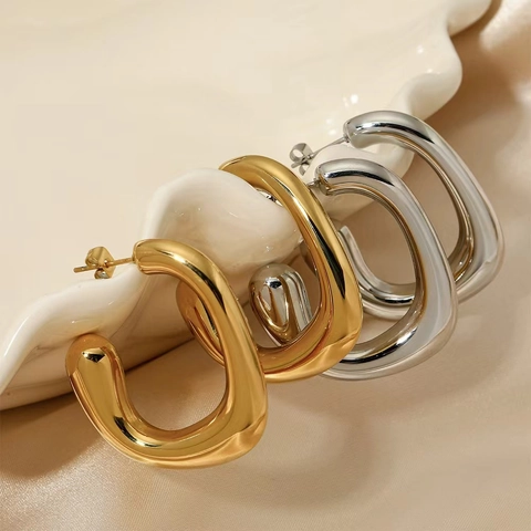 Boucles D'oreilles Créoles Épaisses En Acier Inoxydable Forme C Irrégulière Polissage Miroir Bijoux Géométriques Pour Femmes