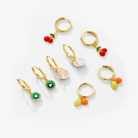 925 Sterling Silver Enamel Fruit Dangle Hoop Earrings Gold Plated Cute Jewelry Strawberry Avocado For Women