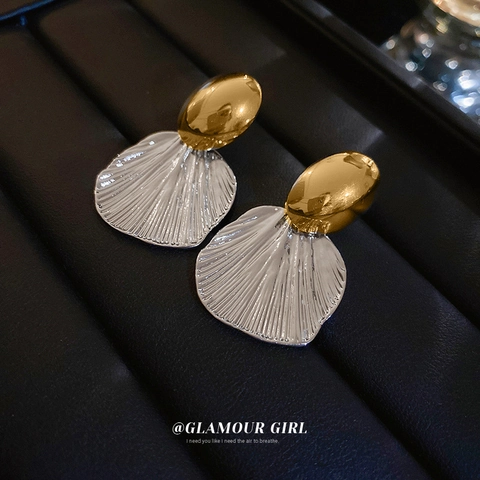 Oval Fan Texture Drop Earrings Two Tone Geometric Minimalist French Style Alloy With Silver Earring Post For Women