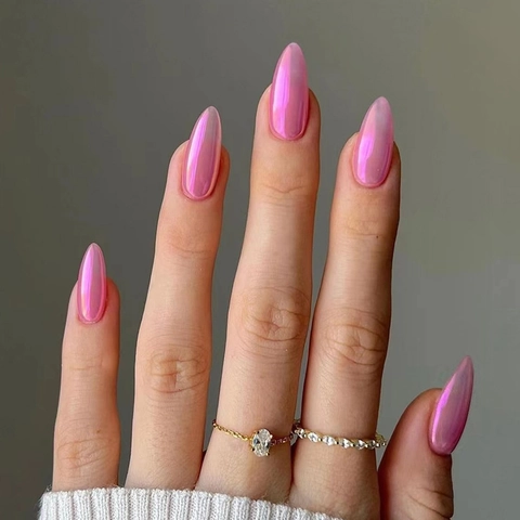 Faux Ongles À Presser Aurora Rose Violet Forme Amande Finition Chrome Brillant Pour Femmes Style Ins