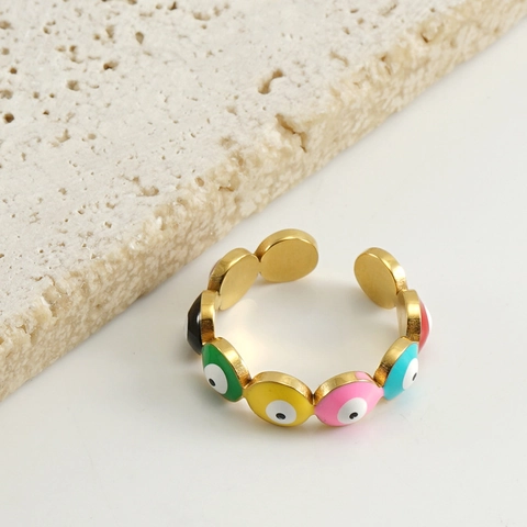 Böser Blick Ring Edelstahl 18K Vergoldet Bunte Emaille Verstellbarer Offener Ring Modeschmuck Für Damen