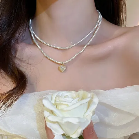 French Style Double Layer White Artificial Pearl Necklace With Gold Bordered Heart Pendant Elegant Jewelry For Women