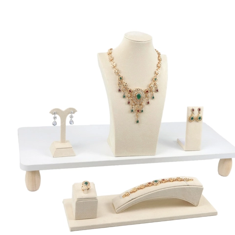 Beige Velvet Jewelry Display Stand Necklace Neck Mold Ring Holder Earring Rack Bracelet Tray Organizer Professional Props