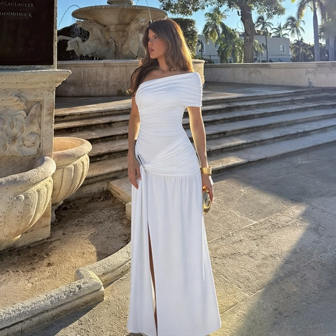 Weißes One Shoulder Maxi Kleid Mit Raffung Für Damen Sexy Schlitz Hohe Taille Französischer Stil Figurbetont Sommerkleid