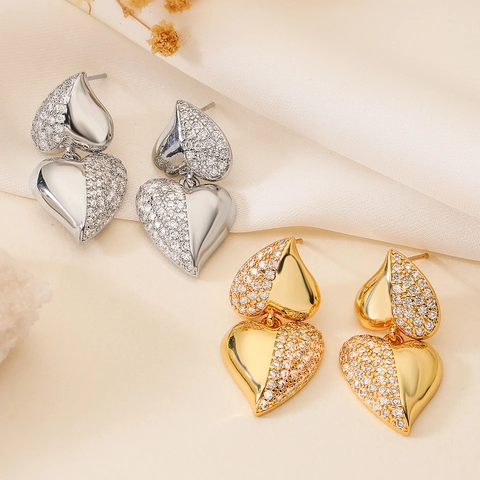 Dames High End Koper Goud Zilver Vergulde Dubbel Hart Druppel Oorbellen Strass Hanger Oorbellen Mode Sieraden