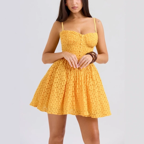 Gelbes Spitzen Korsett Minikleid Spaghettiträger Bustier Ausgestelltes Rückenfreies Party Sommer Prinzessinnenkleid Damen