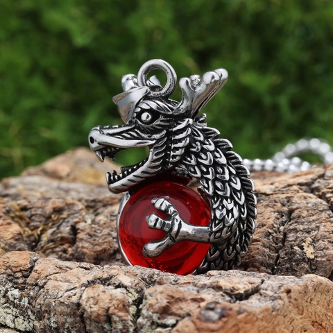 Collana Pendente Drago Con Perla Artificial Rossa Acciaio Inossidabile 316L Gioielli Punk Gotici Per Uomo Stile Vintage