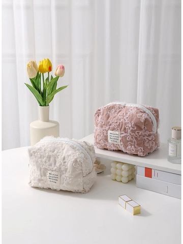 Corduroy Spitze Blume Kosmetiktasche Tragbare Reise Organizer Für Frauen Süße Koreanischen Stil 3D Stickerei Große Kapazität