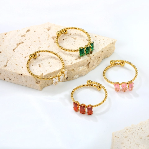 Roestvrij Staal Open Verstelbare Ring Voor Dames Gedraaid Touwontwerp Rechthoek Strass Mode Sieraden Niche Vingerring