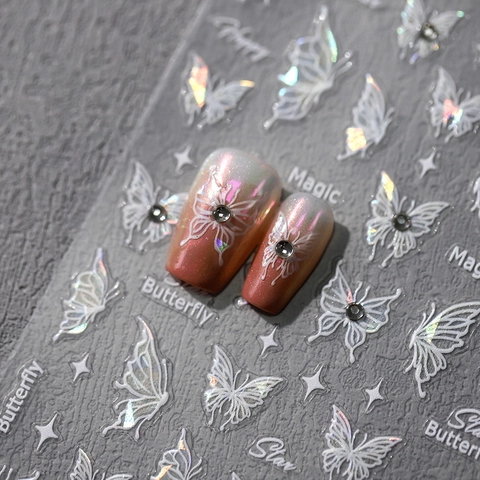 3D Relief Holographic Butterfly Nail Art Stickers Rhinestone Self Adhesive Star Pattern Elegant Manicure Decor