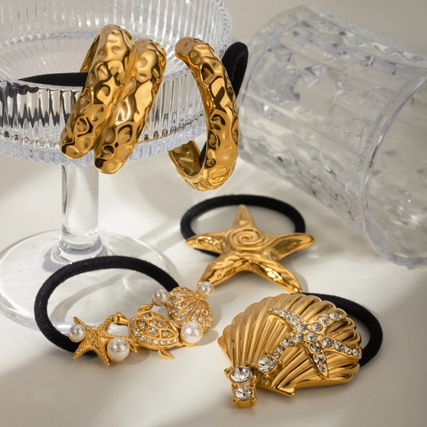 Coleteros de Acero Inoxidable Estrella de Mar y Concha Dorado Metálico Gomas para el Pelo Mujer Hipoalergénico