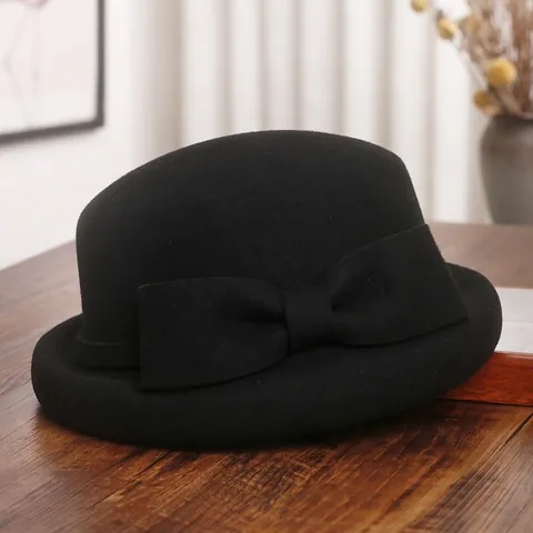 Elegante Wollen Vilten Cloche Hoed Met Strikdecor Vintage Gerolde Rand Winter Herfst Bowler Cap Voor Dames