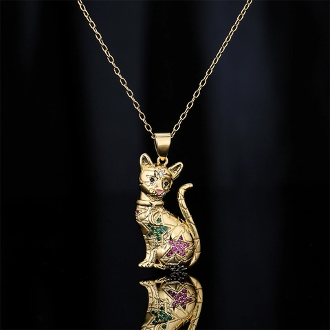 Collana Con Pendente Dorato Rame Zircone Intarsiato Tigre Gatto Animale Design Per Donne Gioielli Squisiti
