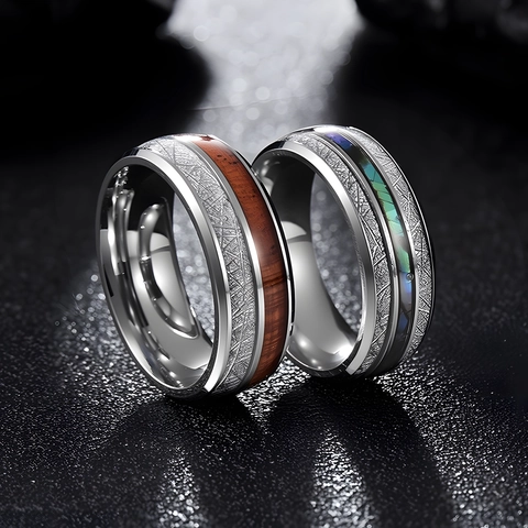 Men Band Ring 304 Stainless Steel Acacia Wood Abalone Shell Inlay Meteorite Texture Polished Trendy Jewelry
