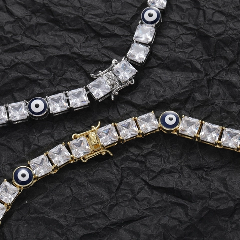 Collana Bracciale Catena Tennis Hip Hop Rame Zirconia Malocchio Pendente Gioielli per Uomo Donna Oro Argento Placcato Accessorio Moda