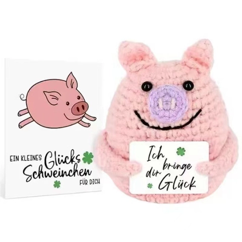 Handmade Crochet Pink Pig Doll Positive Interesting Stress Relief Knitted Piggy Ornament With Encouragement Card Gift