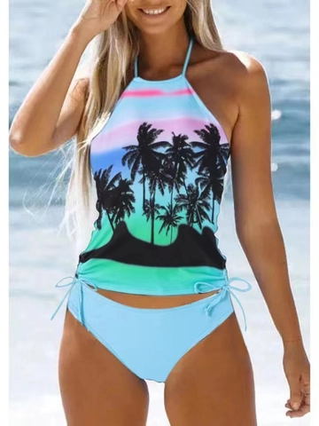 Women Tankini Swimsuit Top And Bottom Halter Neck Backless Tropical Palm Tree Floral Print Drawstring Bikini Swimwear