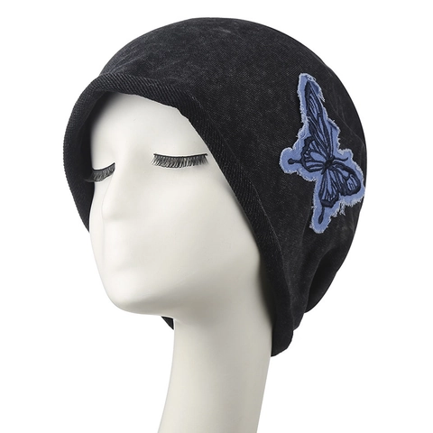Slouchy Knit Beanie Hat For Women Retro Butterfly Embroidery Patch Distressed Frayed Edge Winter Warm Polyester Cap