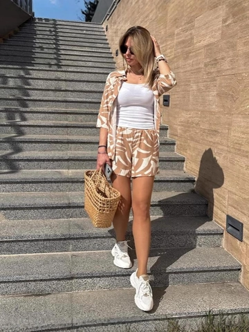 Women Polyester Shirt And Shorts Botanical Leaf Print Button Down Short Sleeve High Waist Casual Summer Vacation Outfit
