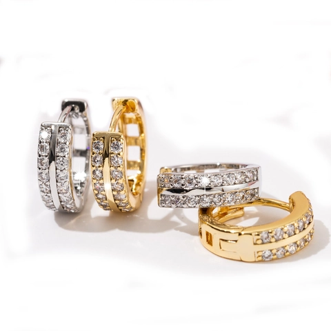 Boucles D'oreilles Créoles Double Rangée Zircon Cuivre Plaqué Or 18K Bijoux Géométriques Mode Pour Femmes