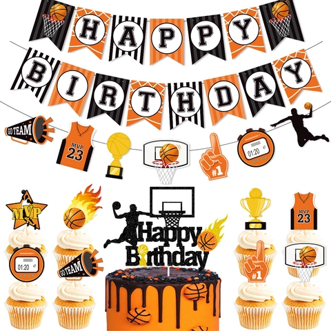 Basketball Birthday Party Decoration Kit Paper Banner Cake Toppers Hanging Swirls Sports Theme Decor