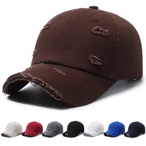 Retro Distressed Cotton Baseball Cap For Men Women Ripped Holes Adjustable Sun Hat Solid Color Washed Streetwear Duckbill Cap