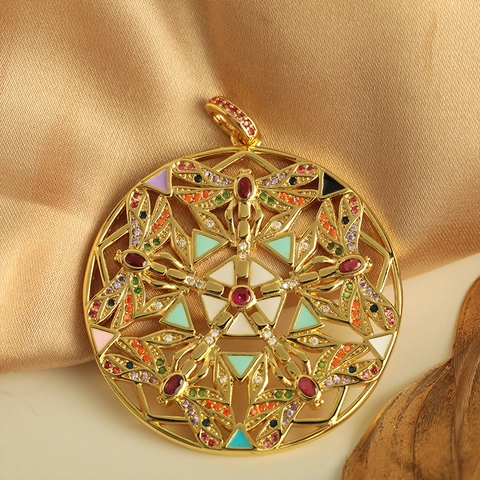Collana Con Pendente Rotondo In Rame Con Zirconi E Smalto Colorato Libellula Traforata Gioielli Geometrici Per Donne Moda
