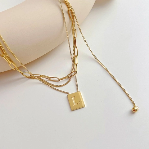Collana A Strati Acciaio Inossidabile Placcato Oro Pendente Rettangolare Lettera L Vintage Catene Multiple Da Donna Gioielli
