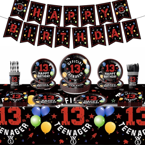 13. Geburtstag Partyzubehör Teenager Feier Schwarz Rot Einweg Banner Teller Tassen Servietten Besteck Tischdecke