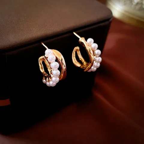 C-Shaped Double Layer Artificial Pearl Earrings French Retro Style Alloy Jewelry With 925 Sterling Silver Earring Post For Women