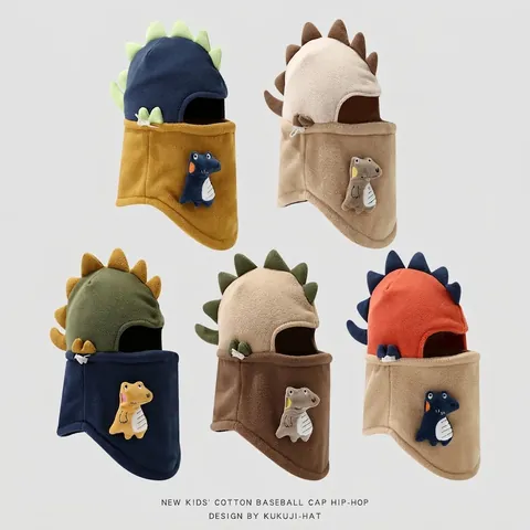 Kids Balaclava Hat Polar Fleece Winter Warm Windproof Neck Warmer Hooded Scarf Cartoon Dinosaur Outdoor For Boys Girls