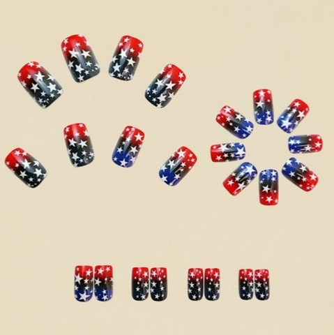 Square Press On Nails Glossy Long Gradient Blue Red Star Pattern Artificial Finger Nails With Jelly Glue And File