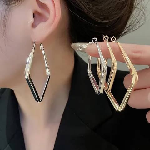 Geometric Rhombus Hoop Earrings With 925 Sterling Silver Earring Post Minimalist Smooth Metal Jewelry For Women Casual
