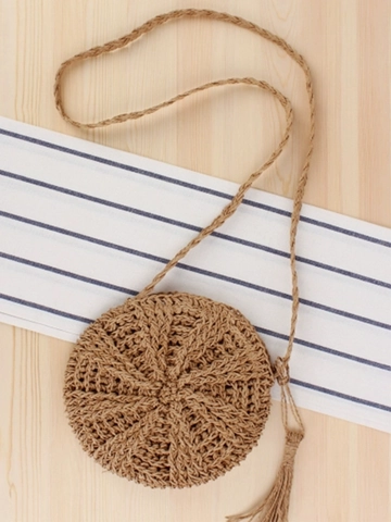 Women Round Woven Crossbody Bag Paper Rope Handmade With Tassels Summer Beach Bohemian Casual Purse