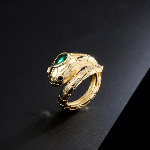 Slang Open Ring Koper 18K Verguld Groene Edelsteen Witte Zirconia Verstelbare Punk Sieraden Voor Dames