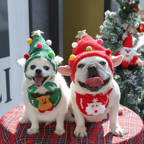 Ensemble Bonnet et Bavoir de Noël pour Animaux de Compagnie Renne Père Noël Costume en Peluche pour Chiens Chats