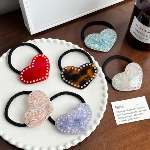 Pinza Para El Cabello Y Coletero De Corazon Acetato Con Diamantes De Imitacion Accesorio Elegante
