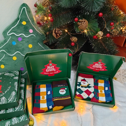 Calze Natalizie Cotone Maglia Metà Polpaccio Babbo Natale Quadri Motivo Festivo Donne Confezione Regalo
