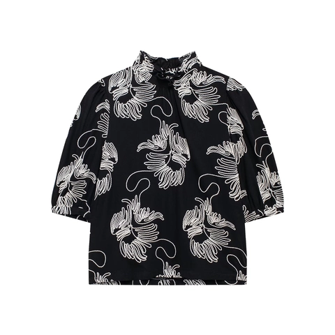 Dames Blouse Met Korte Pofmouwen En Opstaande Kraag Borduurwerk Zen Stijl Vintage Losse Polyester Top