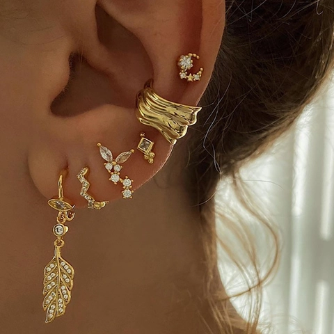 Cubic Zirconia Stud Earrings With Silver Earring Post Geometric Star Moon Leaf Design Elegant Jewelry For Women