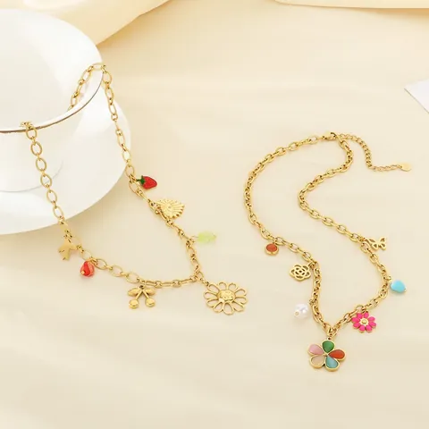 Collar De Colgante Flor Fruta Acero Inoxidable Oro Esmalte Fresa Cereza Corazón Mariposa Bohemio Dulce Joyas De Mujer