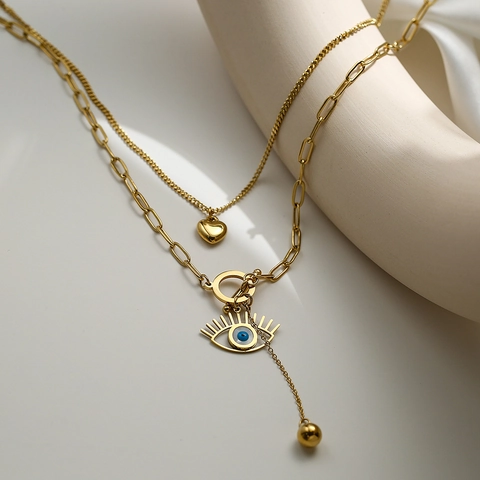 Double Layer Evil Eye Heart Pendant Necklace Gold Plated Stainless Steel Paperclip Chain OT Clasp For Women