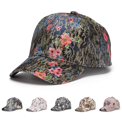 Floral Print Baseball Cap With Metallic Gold Satin Jacquard Lace Breathable Adjustable Outdoor Fashion Sun Hat For Women